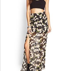 Forever 21 black floral maxi skirt. Two front slits.